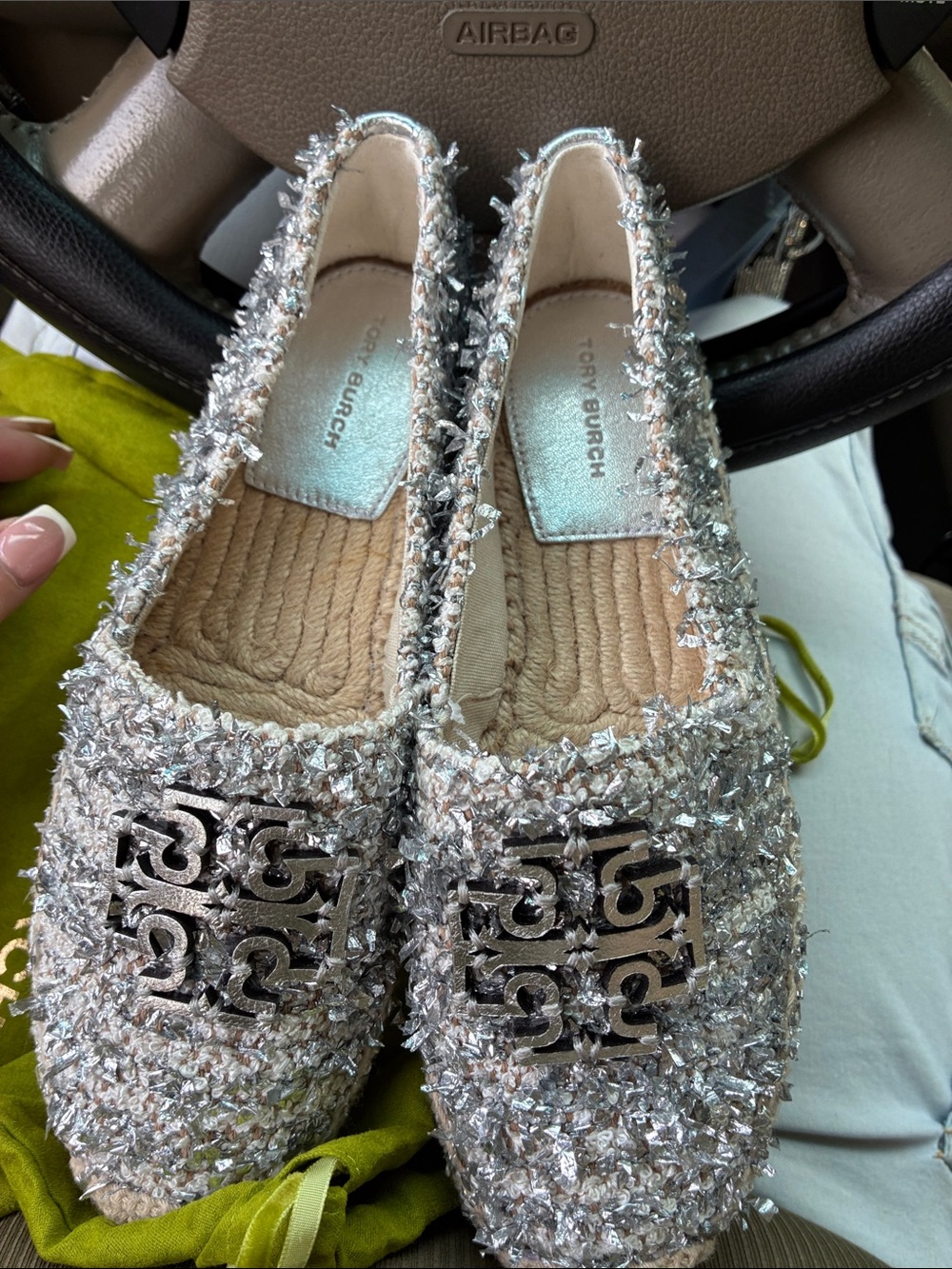 Tory Burch Silver Sequin Embellished Espadrille Flats